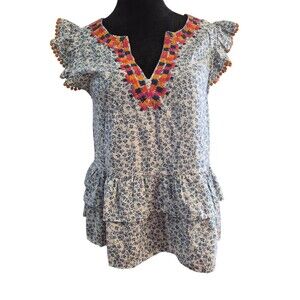 Anthropologie THML S Ruffle Bobble Sleeve Preppy Boho Cottage Core